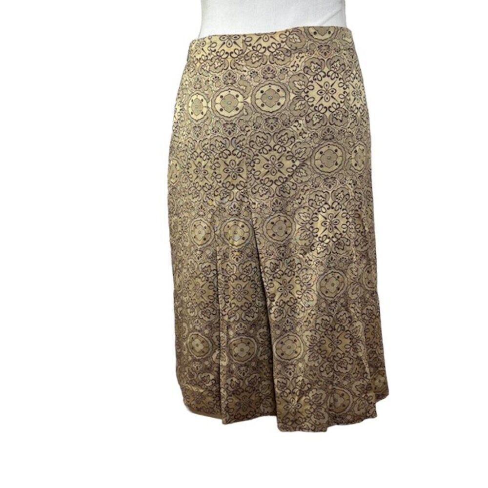 Oscar De La Renta Textured Pleated Side Zip Skirt Gold with Brown Size 8